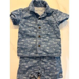 Cat & Jack Baby Boys 12M Blue Skateboard Cloud Print Denim Shirt and Shorts Set